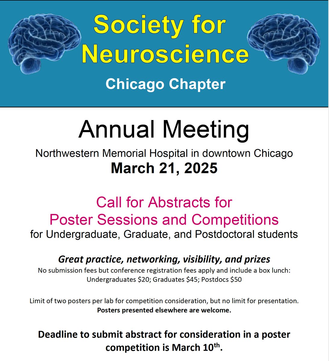 Register for the 2025 Annual Meeting of the Chicago Society for Neuroscience Chapter, which will be held on March 21st at Northwestern Memorial Hospital in downtown Chicago. See you there! #CSfN2025 chicagosfn.org/annual-meeting…