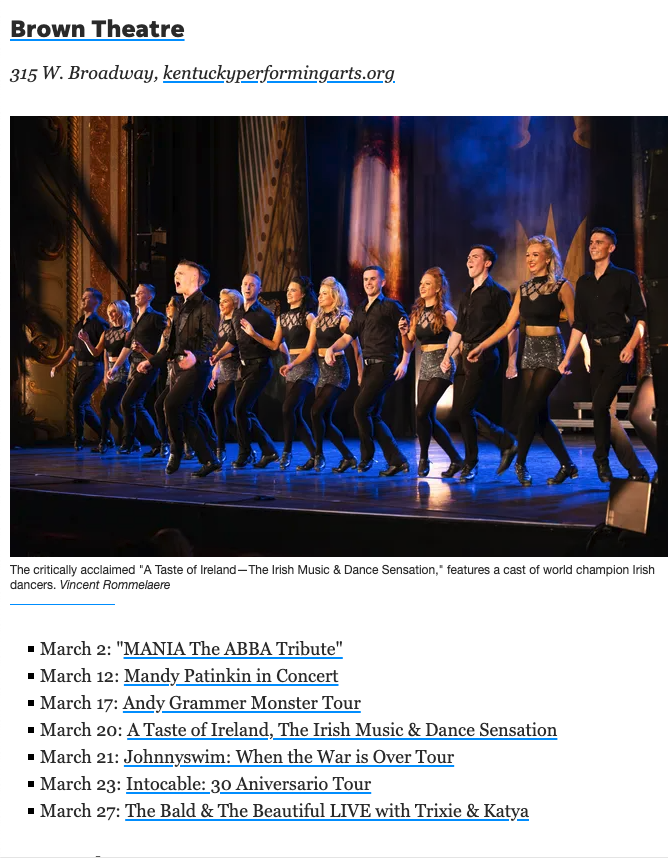 Kentucky Performing Arts (@kyperformingart) on Twitter photo Looking for live entertainment this month? You're in luck! 🍀 Let <a href="/courierjournal/">Courier Journal</a> be your guide for shows all across Louisville, including upcoming events at <a href="/thebrowntheatre/">The Brown Theatre</a>, <a href="/KyCtrArts/">The Kentucky Center</a>, and <a href="/ParistownHall/">Old Forester's Paristown Hall</a>.
🎫 Explore their full list: courier-journal.com/story/entertai…. Looking for live entertainment this month? You're in luck! 🍀 Let <a href="/courierjournal/">Courier Journal</a> be your guide for shows all across Louisville, including upcoming events at <a href="/thebrowntheatre/">The Brown Theatre</a>, <a href="/KyCtrArts/">The Kentucky Center</a>, and <a href="/ParistownHall/">Old Forester's Paristown Hall</a>.
🎫 Explore their full list: courier-journal.com/story/entertai….
