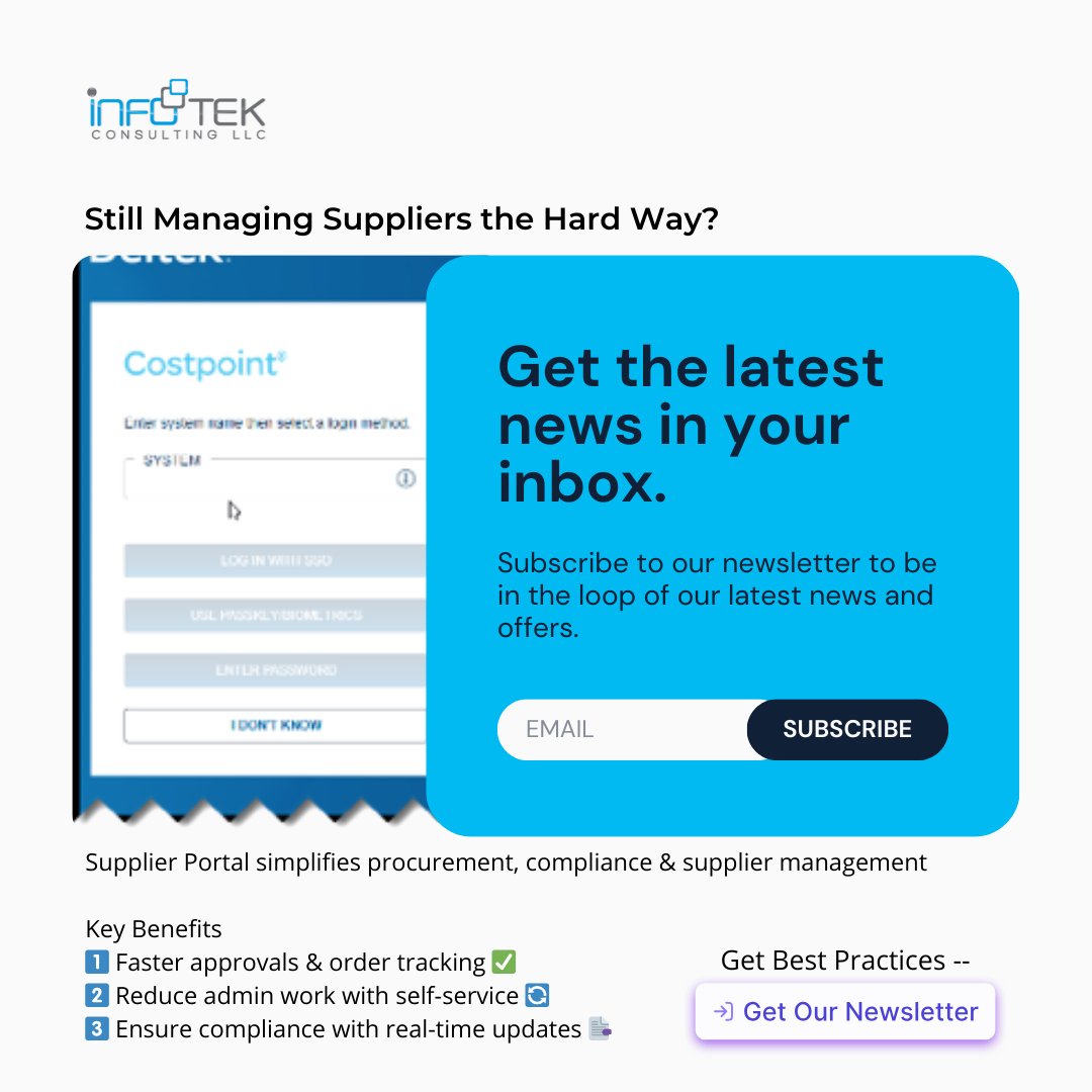 Still managing suppliers manually? 🤔

The Deltek Costpoint Supplier Portal streamlines procurement &amp; compliance. 

📩 Tips &amp; features in next week’s newsletter! 

Subscribe now! 🔗 Subscribe on LinkedIn zurl.co/HB0Lh

#GovCon #DeltekCostpoint #SupplierManagement