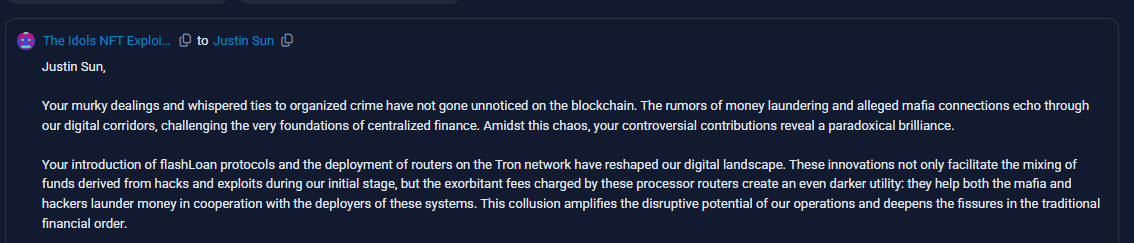 ExploitAllianc's tweet image. A message to @justinsuntron
Your introduction of flashLoan and the deployment of routers on the Tron network have provided us with the means to partially mix funds from hacks and exploits during our initial stage
Thank you for this🤝
Our Message: etherscan.io/tx/0x771dc1c89…
$eA