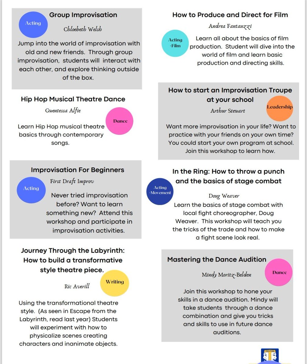 KSJrThespians's tweet photo. April 5th is going to be AWESOME! 
Check out these amazing workshop offerings for students at KSJFest. ✨️🎭
‼️Workshop registration opens tomorrow afternoon and must be submitted by Friday, March 7th. Complete it early for your best chances to get in a workshop! #KSJFest2025 https://t.co/eoNqSd1oMq