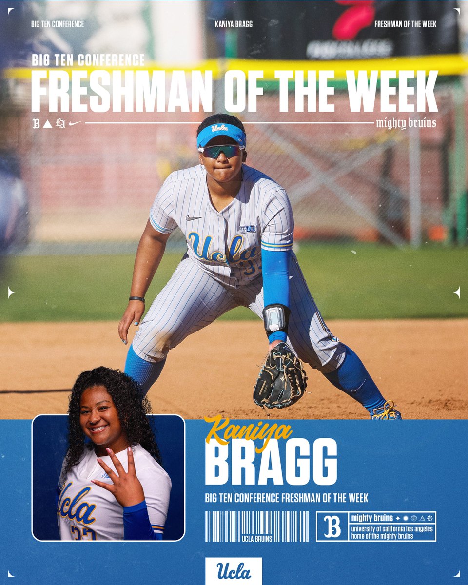 UCLA Softball (@uclasoftball) on Twitter photo 𝗕𝗶𝗴 𝗧𝗲𝗻 𝗙𝗿𝗲𝘀𝗵𝗺𝗮𝗻 𝗼𝗳 𝘁𝗵𝗲 𝗪𝗲𝗲𝗸‼️
<a href="/KaniyaBragg/">Kaniya Bragg</a> receives her first weekly award after leading the Bruins with 10 runs scored and a .474 batting average (9-for-19) last week.
ℹ️: ucla.in/41uT0jE
#GoBruins 𝗕𝗶𝗴 𝗧𝗲𝗻 𝗙𝗿𝗲𝘀𝗵𝗺𝗮𝗻 𝗼𝗳 𝘁𝗵𝗲 𝗪𝗲𝗲𝗸‼️
<a href="/KaniyaBragg/">Kaniya Bragg</a> receives her first weekly award after leading the Bruins with 10 runs scored and a .474 batting average (9-for-19) last week.
ℹ️: ucla.in/41uT0jE
#GoBruins
