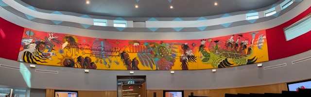 MohawkCollege's tweet photo. #MohawkCollege celebrates the official opening of Kanaktí:yo, which in the Mohawk language means “good space”. The most striking feature of the space is a mural by Indigenous artist Philip Cote that shows the history of the land in Ontario. https://t.co/JZD6DJn4kp https://t.co/MTo5HdHm9Z