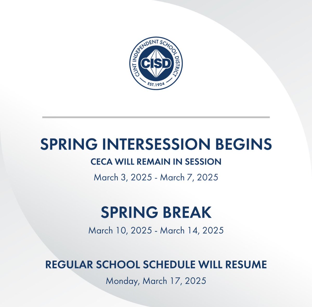 Regular school schedule will resume Monday, March 17, 2025.