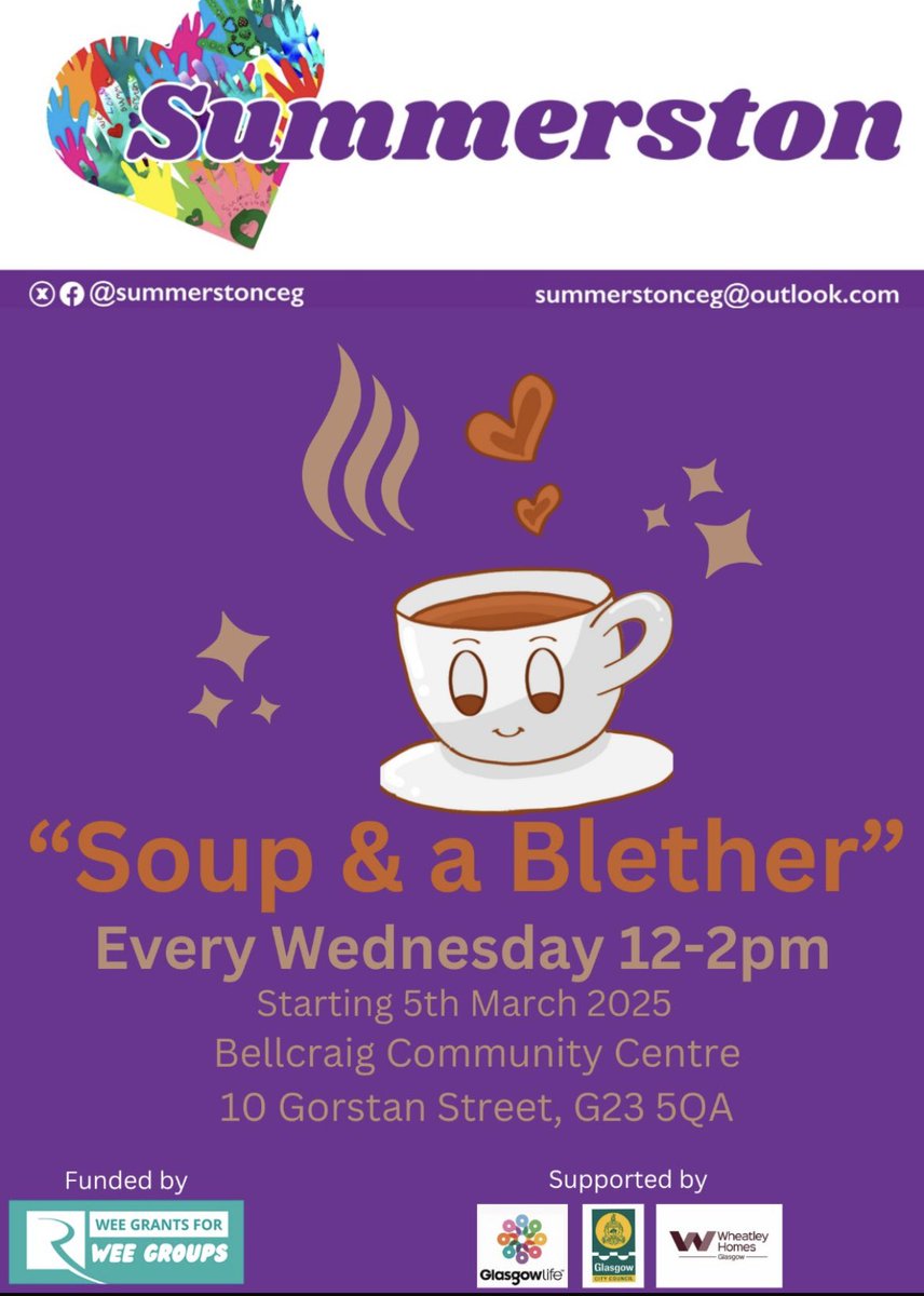 It’s back #LoveSummerston ‘Soup &amp; a Blether’ Bellcraig CC from wed 5th March 2025 12-2pm <a href="/BobDorisSNP/">Bob Doris</a> <a href="/AbdulBostani2/">Cllr Abdul Bostani 🧡</a> <a href="/MaryhillTennis/">Maryhill Community Tennis Club SCIO</a> <a href="/stmarysmaryhill/">St. Mary's(Maryhill)</a> <a href="/Maryhill_IN/">Maryhill Integration Network</a> <a href="/SummerstonYFC/">Summerston YFC</a> <a href="/SummerstonNC/">Summerston Netball Club</a> <a href="/ClevedenSec42/">Cleveden Secondary School</a> <a href="/Caldercuilt/">Caldercuilt Primary School & Nursery Class</a> <a href="/ParkviewParent1/">Parkview Parent Council</a> <a href="/stblanesPC/">Stblanes P.C.</a> <a href="/JimLawl00738686/">FrJim_ICmaryhill</a> <a href="/AsdaMaryhill/">Asda maryhill community</a>