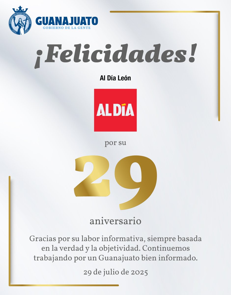 gobgente's tweet image. ¡Felicidades a @periodicoAlDia por su 29 Aniversario! Nuestro reconocimiento a todas y todos quienes conforman este gran equipo. 🥳👏