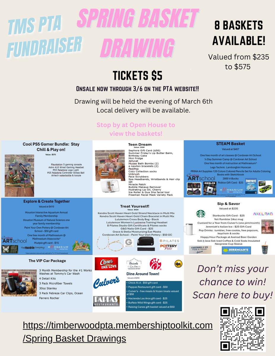Timberwood Middle School PTA (@timberwoodpta) on Twitter photo Don’t forget about our annual Basket Drawing fundraiser! The baskets will be on display at Open House tomorrow night. Ticket sales will run through Thursday, March 6th and winners will be announced that evening. Click on the picture below to purchase tickets! <a href="/HumbleISD_TMS/">Timberwood Middle</a> Don’t forget about our annual Basket Drawing fundraiser! The baskets will be on display at Open House tomorrow night. Ticket sales will run through Thursday, March 6th and winners will be announced that evening. Click on the picture below to purchase tickets! <a href="/HumbleISD_TMS/">Timberwood Middle</a>
