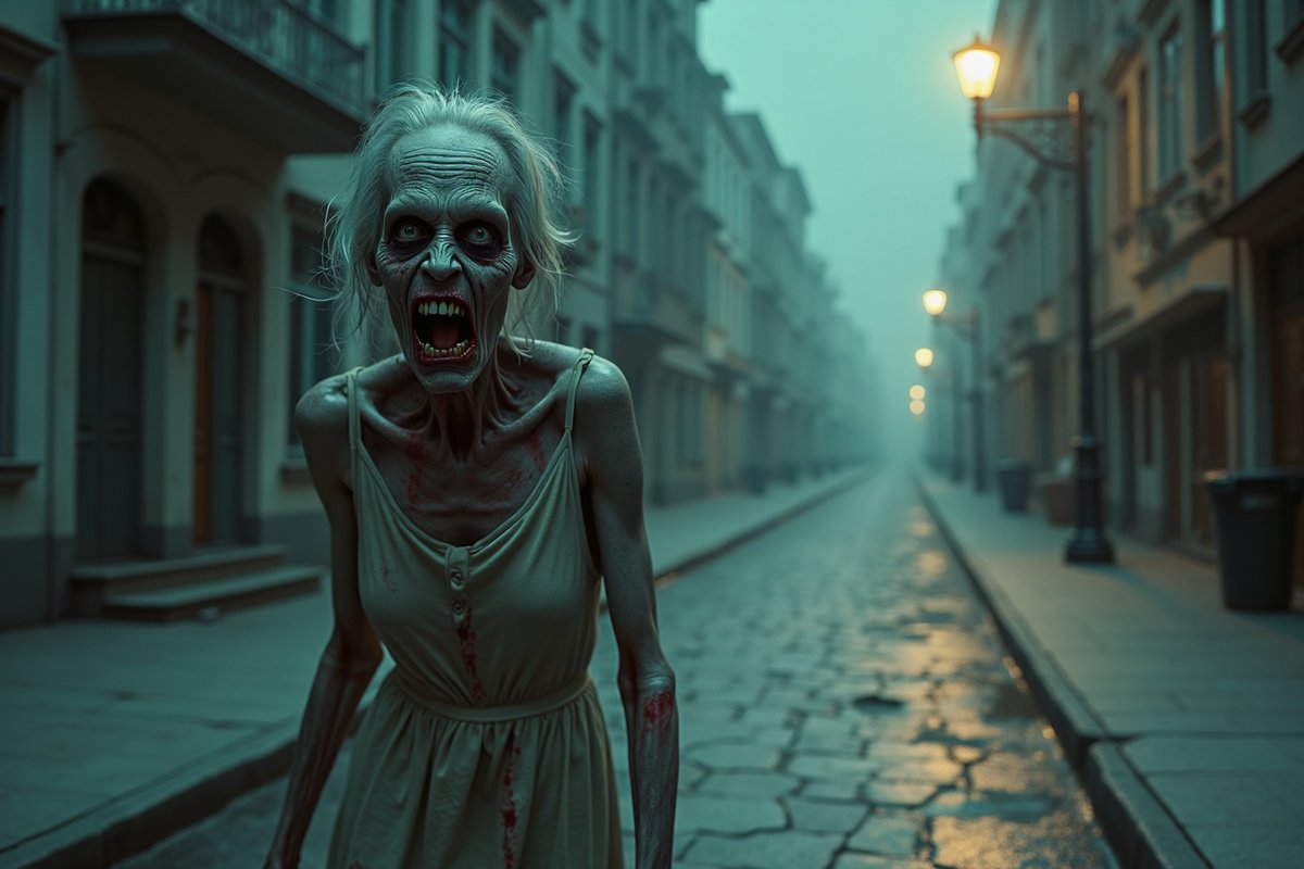 PromptSin's tweet image. Lost in a foggy nightmare, she prowls the silent streets. 🌫️👻 #Surrealism #HorrorArt #CreepyVibes