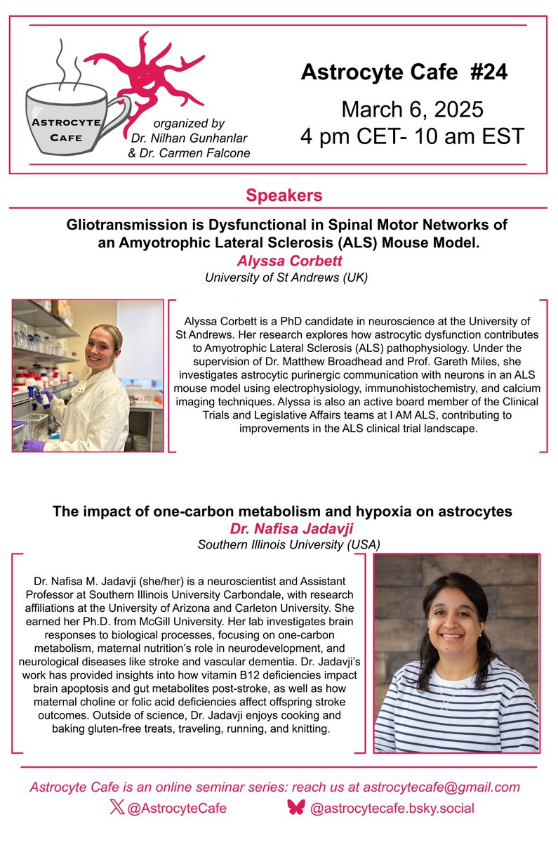 AstrocyteCafe (@astrocytecafe) on Twitter photo Join us next Thursday (March 6th) for another exciting session of #astrocyte talks 😍
We can't wait to listen to the research done by Alyssa Corbett and <a href="/nafisajadavji/">Nafisa M. Jadavji, PhD, FAHA (she/her)</a> ☺️
Everyone is welcome (and it's online!), register to the mailing list to receive the link! Join us next Thursday (March 6th) for another exciting session of #astrocyte talks 😍
We can't wait to listen to the research done by Alyssa Corbett and <a href="/nafisajadavji/">Nafisa M. Jadavji, PhD, FAHA (she/her)</a> ☺️
Everyone is welcome (and it's online!), register to the mailing list to receive the link!