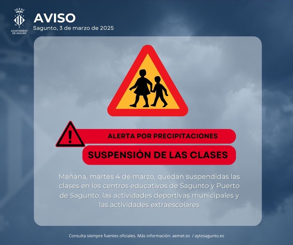 ⚠️ Siguiendo la recomendación de Emergencias 112 CV, SE SUSPENDEN LAS CLASES EN TODO EL MUNICIPIO para MAÑANA, martes 4 DE MARZO

🚫 Además, se han adoptado medidas preventivas como el corte de vías y zonas inundables al tránsito