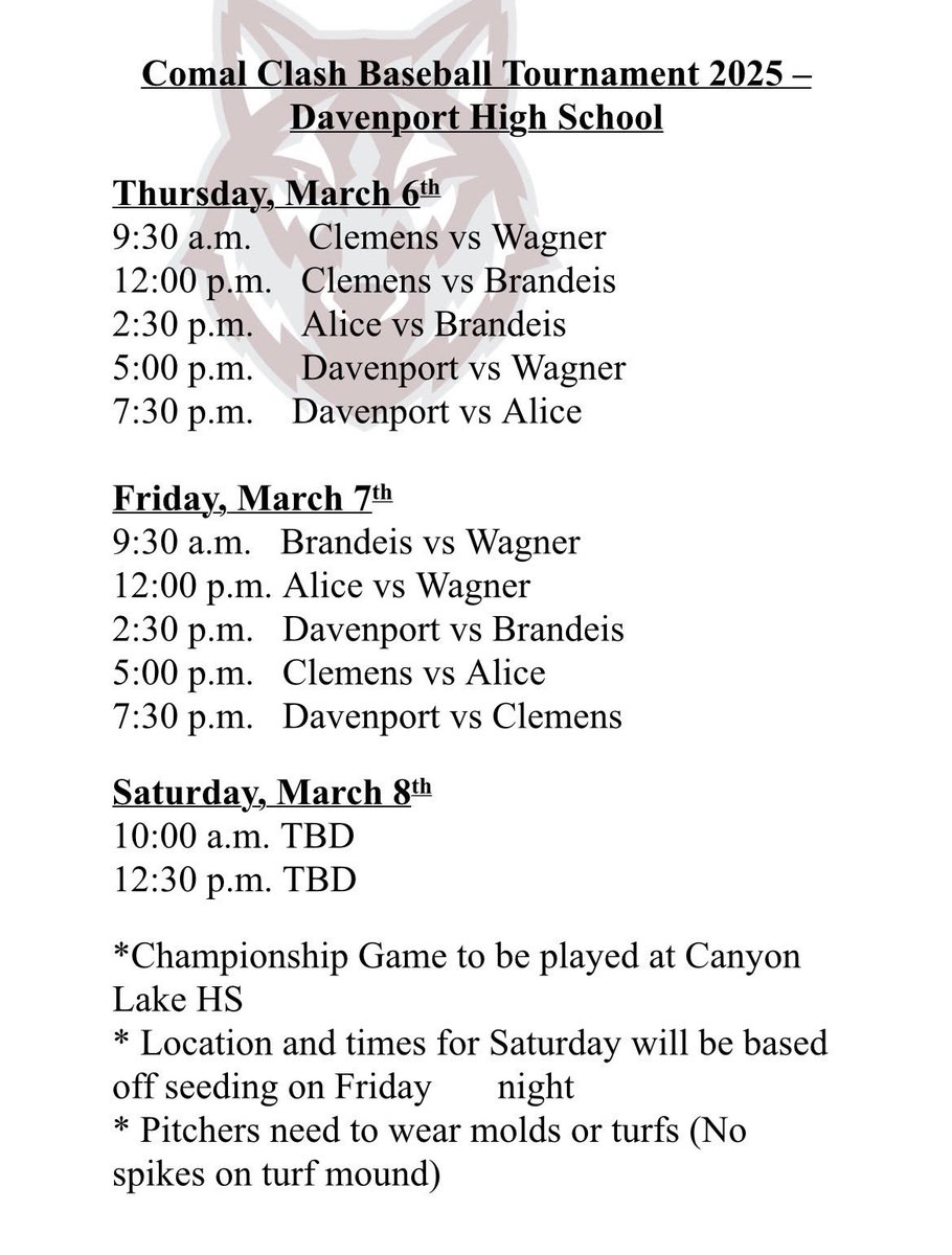 Comal Clash SA Davenport/Canyon Lake Tournament Schedule ⚾️⚾️⚾️<a href="/marcussarate/">Marcus Sarate</a> <a href="/qmartinez/">Quinton Martinez</a> <a href="/LarissaLiska/">Larissa Liska</a> <a href="/ChrisThomasson7/">Chris Thomasson - KIII Sports</a> <a href="/BsblDavenport/">Davenport Baseball</a> <a href="/TexCoastBend/">Texas Coastal Bend Sports Wire</a> <a href="/TxBaseballRpt/">The Texas Baseball Report</a>