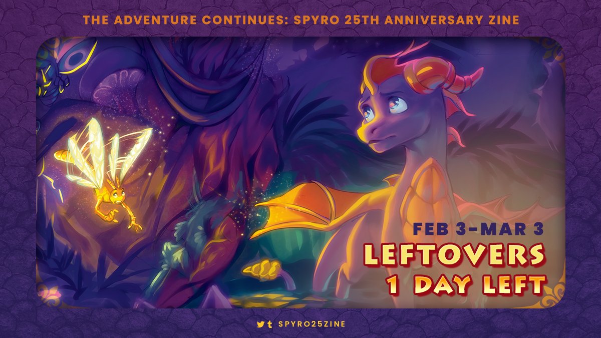 ✨ Leftovers for The Adventure Continues: A Spyro 25th Anniversary zine are open for one more day! There's only a few physical copies left, so don't miss out!

🛒 spyrozine.bigcartel.com