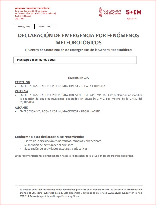 🔴AVÍS⚠️ SUSPENSIÓ de les CLASSES centres educatius de #Gandia DIMARTS 04/03/2025❗

🚨El Centre de Coordinació d'Emergències de la Generalitat ha establit l'emergència situació 0 per inundacions en tota la província de Castelló; litoral nord d'Alacant i província de València.