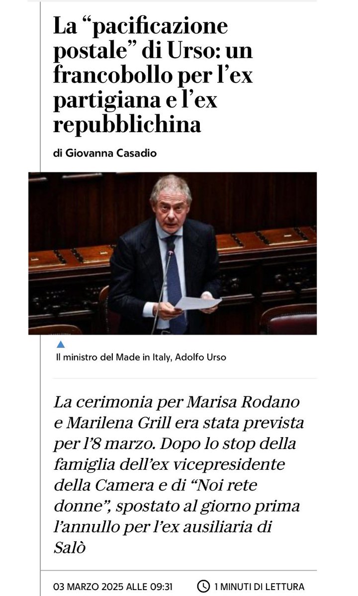 Frances99687883's tweet photo. L’#8marzo del ministro #Urso nel segno della #pacificazionepostale: un #francobollo commemorativo per la partigiana #MarisaRodano ed uno per la repubblichina #MarilenaGrill.Annullare le differenze,porre sullo stesso piano chi combattè il fascismo e chi lo abbracciò. La figlia 1/2 https://t.co/XB7xHIWn2Y