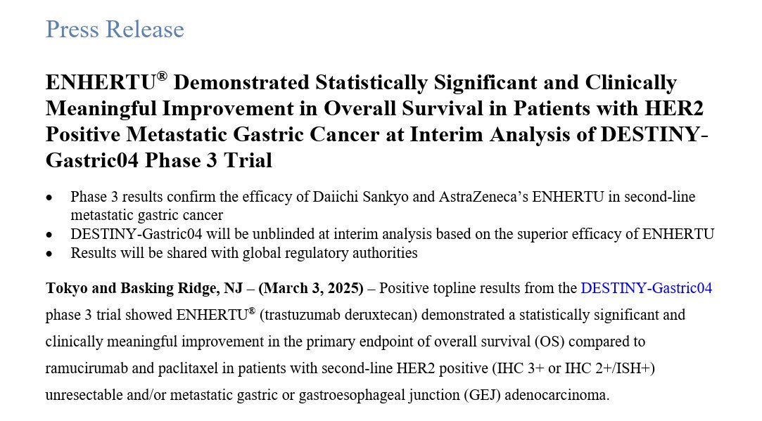 DESTINY-Gastric04 trial shows trastuzumab deruxtecan significantly improves overall survival in 2L HER2+ metastatic gastric cancer vs. standard chemo. 
<a href="/OncoAlert/">OncoAlert</a> 
daiichisankyo.us/press-releases…