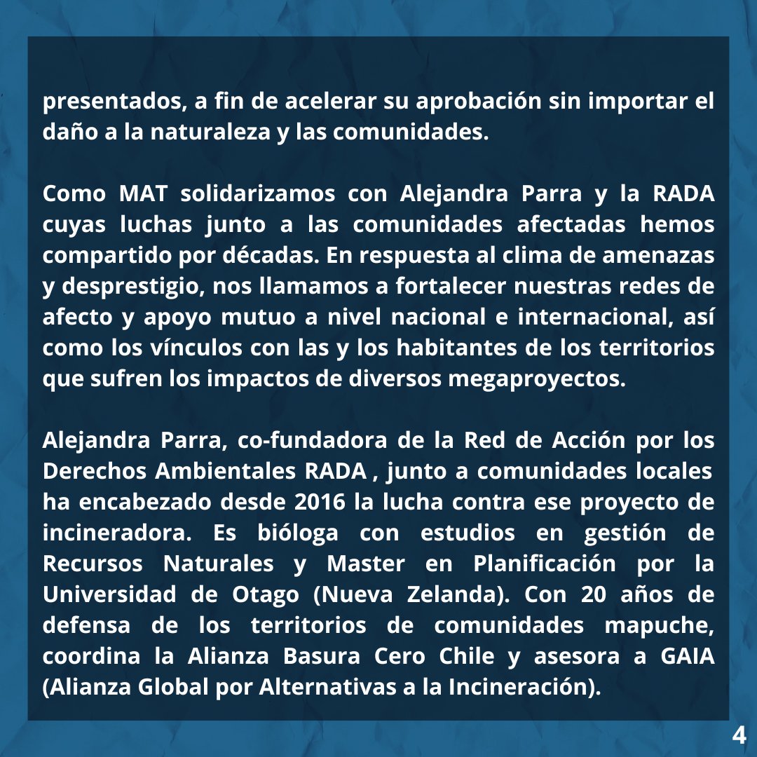 Declaración Mat en respaldo a querella de defensora ambiental Alejandra Parra presentada hoy en juzgado de garantía de Temuco por amenazas y violencia política de género en publicaciones en FB e IG ligadas a proyecto WTE de incineradora en Lautaro. (doble post)
