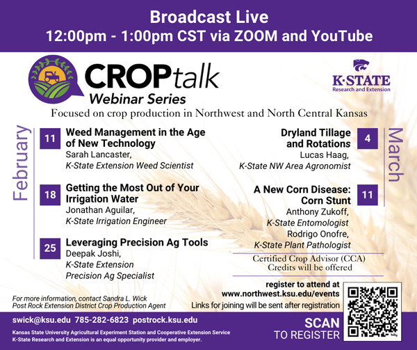 The popular K-State Crop Talk online webinar series continues into March and only two are left! Check out the article to learn more and register for the upcoming webinar: bit.ly/3F104gb #webinar #croptalk #series