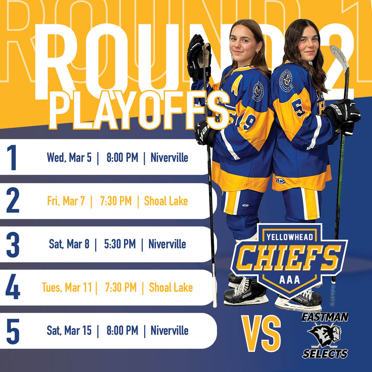 The Chiefs have made it to Round 2 in the playoff series!

First game is on Wednesday, March 5 at 8:00 in Niverville vs Eastman! #LetsGoChiefs