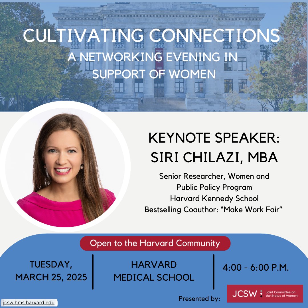 Wondering how to build helpful connections across the university? Join us March 25, 2025 for this Harvard-wide in-person event at Harvard Medical School with Siri Chilazi, Senior Researcher at the Women and Public Policy Program at Harvard Kennedy School/Coauthor: Make Work Fair