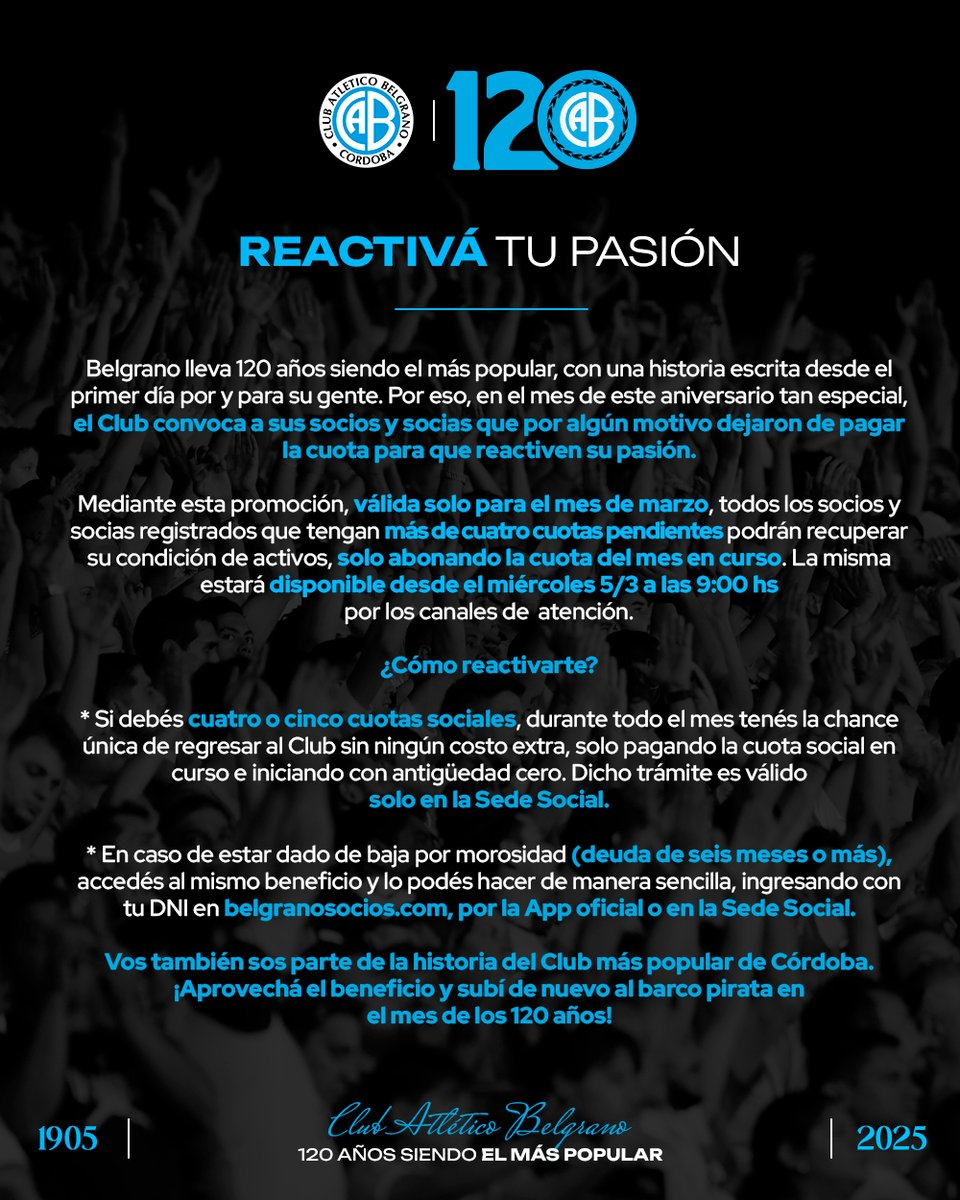 😍 #ReactiváTuPasión120Años ¡Volvé a ser socio/a activo/a sin ningún costo extra! 🏴‍☠️🪪

⌚DISPONIBLE DESDE EL MIÉRCOLES 5/3 A LAS 9 HS POR LOS CANALES DE ATENCIÓN.

ℹ️ belgrano.com.ar/reactiva120