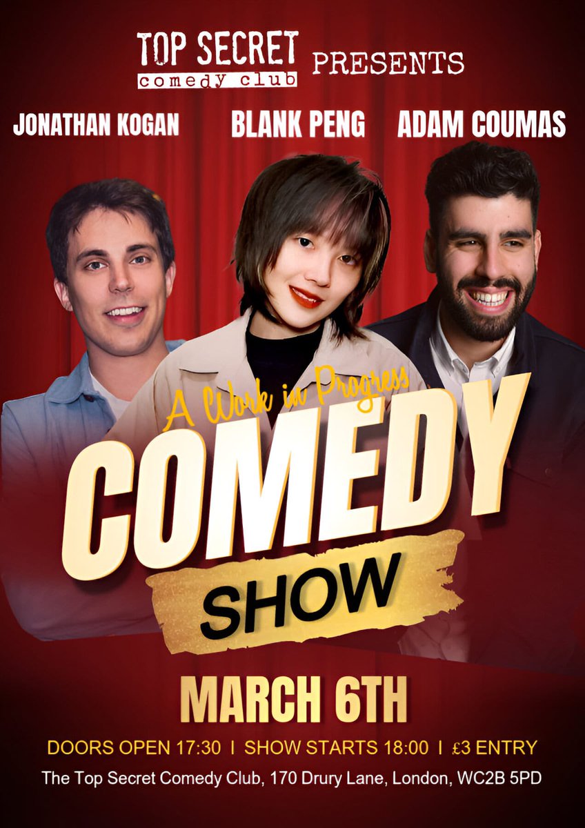 Kogie (@kogie11) on Twitter photo THIS THURSDAY!! My funny friends <a href="/adamcoumas/">Adam Coumas</a>, <a href="/BlankPeng404/">Blank Peng</a> & I have a work in progress show at the one and only <a href="/topsecretcomedy/">The Top Secret Comedy Club</a> club.
Tickets here: thetopsecretcomedyclub.co.uk/events-listing⦠THIS THURSDAY!! My funny friends <a href="/adamcoumas/">Adam Coumas</a>, <a href="/BlankPeng404/">Blank Peng</a> & I have a work in progress show at the one and only <a href="/topsecretcomedy/">The Top Secret Comedy Club</a> club.
Tickets here: thetopsecretcomedyclub.co.uk/events-listingā¦