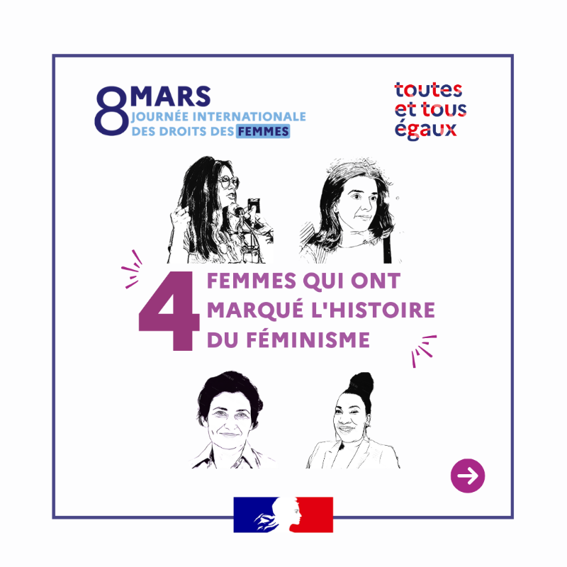 egalite_gouv's tweet photo. #ToutesEtTousEgaux | (Re)découvrez ces 4 femmes qui ont marqué l’histoire du féminisme ✊

💫Elles ont changé le cours de l’Histoire et inspirent encore aujourd’hui. 

🌱Leur engagement nous rappelle que l’égalité entre les femmes et les hommes se construit chaque jour.