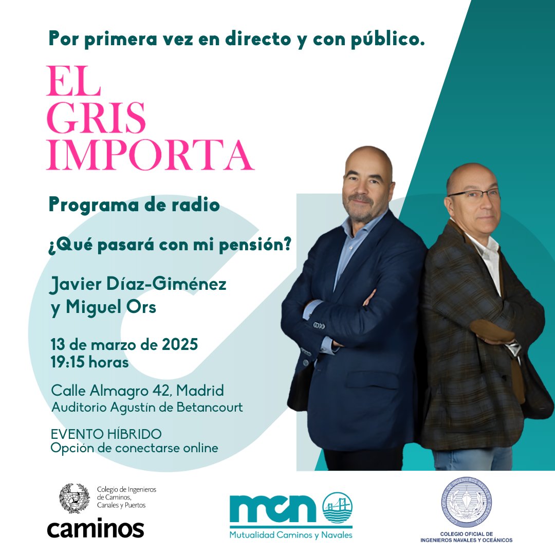 🎙️ La Mutualidad de Caminos y Navales te invita al programa de radio 'El Gris Importa' para profundizar en las pensiones.

¡En directo y con público!

El 13 de marzo a las 19:15h en el Colegio de Ingenieros de Caminos, Canales y Puertos📍

¿Te apuntas?
mutualidadcaminosynavales.es/evento-pension…