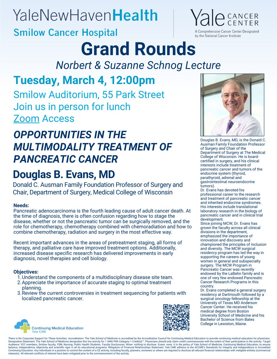 Yale Cancer Center (@yalecancer) on Twitter photo Tomorrow at 12pm, we welcome Dr. Douglas Evans <a href="/MedicalCollege/">Medical College of Wisconsin</a> as our #GrandRounds + #Schnog Lecturer presenting "Opportunities in the Multimodality Treatment of #PancreaticCancer."
Join us for lunch or via Zoom bit.ly/4h8v3Eu.
<a href="/SmilowCancer/">Smilow Cancer Hospital</a> <a href="/YaleMed/">Yale School of Medicine</a> <a href="/YNHH/">Yale New Haven Hosp</a> Tomorrow at 12pm, we welcome Dr. Douglas Evans <a href="/MedicalCollege/">Medical College of Wisconsin</a> as our #GrandRounds + #Schnog Lecturer presenting "Opportunities in the Multimodality Treatment of #PancreaticCancer."
Join us for lunch or via Zoom bit.ly/4h8v3Eu.
<a href="/SmilowCancer/">Smilow Cancer Hospital</a> <a href="/YaleMed/">Yale School of Medicine</a> <a href="/YNHH/">Yale New Haven Hosp</a>