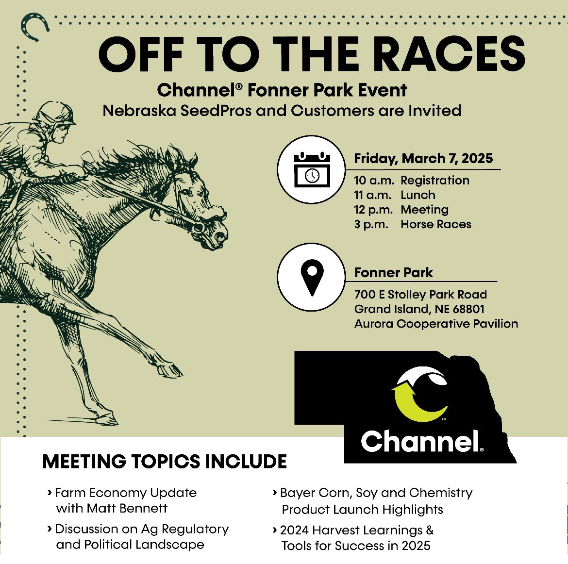 Channel Nebraska (@channel_ne) on Twitter photo ๐ Channel is off to the races and we want you to come along! ๐ All SeedPros and customers are invited to join us this Friday. Details below. โฌ๏ธ Letโs learn and have some fun! <a href="/ChannelSeed/">Channel Seed</a> <a href="/FonnerRacing/">Fonner Park Racing</a> ๐ Channel is off to the races and we want you to come along! ๐ All SeedPros and customers are invited to join us this Friday. Details below. โฌ๏ธ Letโs learn and have some fun! <a href="/ChannelSeed/">Channel Seed</a> <a href="/FonnerRacing/">Fonner Park Racing</a>