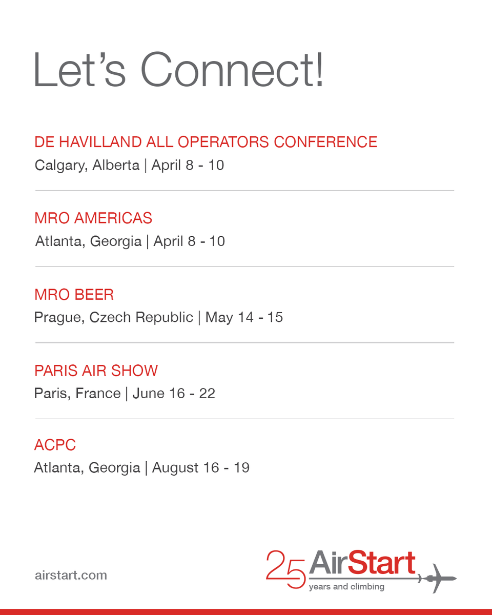 flyairstart's tweet photo. Let’s connect! Here’s where you can catch us for the next few months. Want to schedule a meeting? Email sales@airstart.com.

#AviationWeek #ForwardInFlight #MROBEER #AVWeekEvents #MROAmericas
#ParisAirShow https://t.co/FEyO8VDEnY