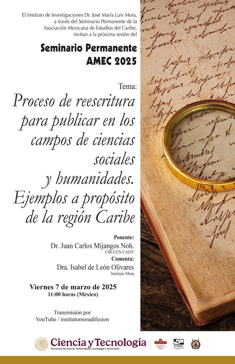 Los invitamos a la próxima sesión de nuestro Seminario Permanente: “Proceso de reescritura para publicar en los campos de ciencias sociales y humanidades. Ejemplos a propósito de la región Caribe”.

🗓 viernes 7 de marzo 
⌚11:00 hrs.
💻Transmisión en vivo