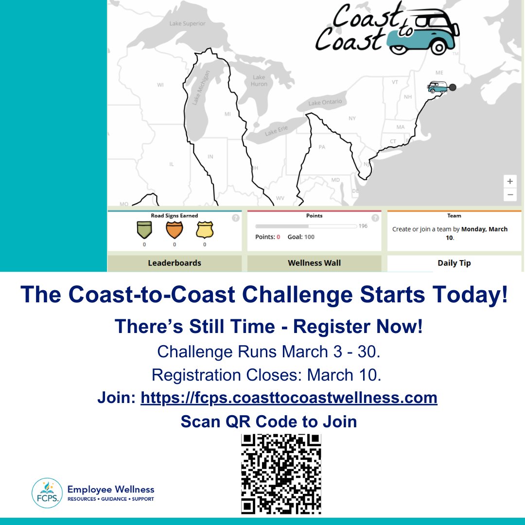 FCPS Employee Wellness (@fcpswellness) on Twitter photo March 3
There's Still Time - Join the Coast-to-Coast Challenge Today: fcps.coasttocoastwellness.com
Watch the video to learn more: tinyurl.com/2s4f3hdp
Don't miss out on the adventure!
<a href="/FCPSWellness/">FCPS Employee Wellness</a>
#CoasttoCoastChallenge #LetsGoFCPS March 3
There's Still Time - Join the Coast-to-Coast Challenge Today: fcps.coasttocoastwellness.com
Watch the video to learn more: tinyurl.com/2s4f3hdp
Don't miss out on the adventure!
<a href="/FCPSWellness/">FCPS Employee Wellness</a>
#CoasttoCoastChallenge #LetsGoFCPS