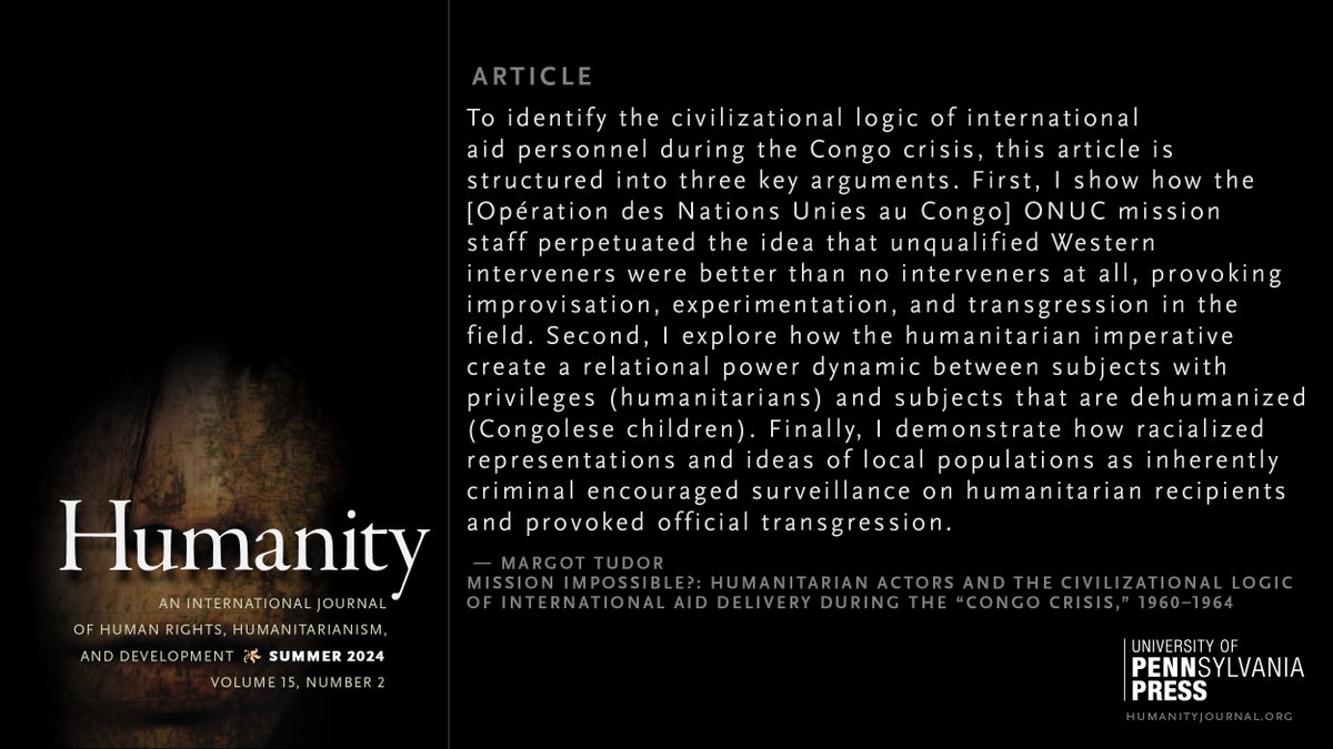 Humanity (@humanityj) on Twitter photo Mission Impossible? Humanitarian Actors and the Civilizational Logic of International Aid Delivery during the “Congo Crisis,” 1960–1964
By <a href="/MargotTudor/">Dr Margot Tudor</a>
DOI: doi.org/10.1353/hum.20… Mission Impossible? Humanitarian Actors and the Civilizational Logic of International Aid Delivery during the “Congo Crisis,” 1960–1964
By <a href="/MargotTudor/">Dr Margot Tudor</a>
DOI: doi.org/10.1353/hum.20…