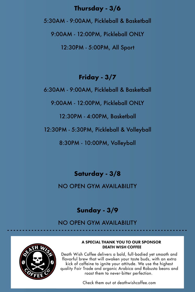 Good morning, Impact family! 🌤️🙌

Here’s this week’s open gym schedule (3/3-3/9). 🏀🏐🏓

A big shoutout to our sponsor, Death Wish Coffee, for keeping us fueled!

#MakeAnImpact #DeathWishCoffee #ImpactAthleticCenter #YouRock #newweek #gym #halfmoon #athlete