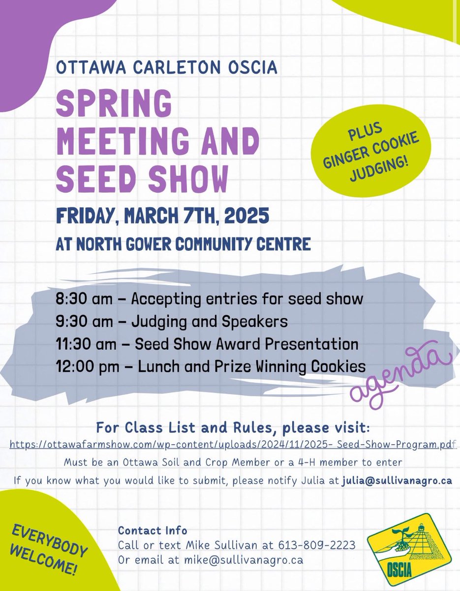 Mike Sullivan (@sullivanagroms) on Twitter photo Join us this Friday for Ottawa Carleton OSCIA Spring Meeting & Seed Show. Winning samples will go onto <a href="/OttawaFarmShow/">Ottawa Valley Farm Show</a>
Speakers include <a href="/LaurenDalyce/">Lauren Benoit</a> speaking on her Nuffield Canada Agricultural Scholarship, a <a href="/OntarioSoilCrop/">Ontario Soil & Crop</a> Update & <a href="/SullivanAgro/">Paul Sullivan</a> Fertilizing Forages Join us this Friday for Ottawa Carleton OSCIA Spring Meeting & Seed Show. Winning samples will go onto <a href="/OttawaFarmShow/">Ottawa Valley Farm Show</a>
Speakers include <a href="/LaurenDalyce/">Lauren Benoit</a> speaking on her Nuffield Canada Agricultural Scholarship, a <a href="/OntarioSoilCrop/">Ontario Soil & Crop</a> Update & <a href="/SullivanAgro/">Paul Sullivan</a> Fertilizing Forages