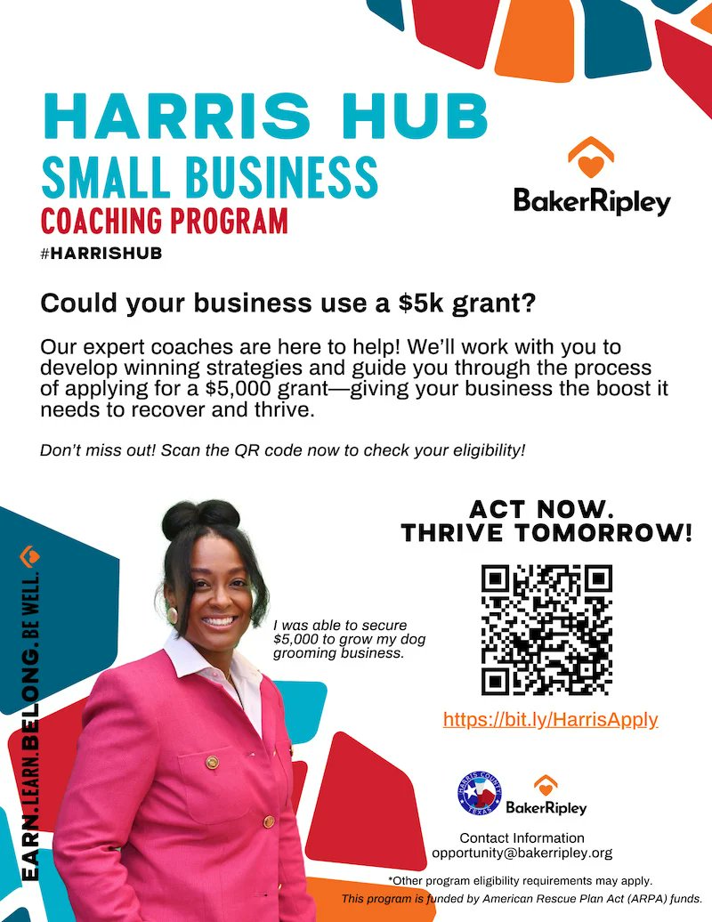 🚀 Small Business Owners: Need $5K? The Harris Hub Small Business Coaching Program is here to help you apply for a $5,000 grant!

✅ Free coaching
✅ Grant application support
✅ Business growth strategies
Act now! Apply today 🔗sites.google.com/bakerripley.or…