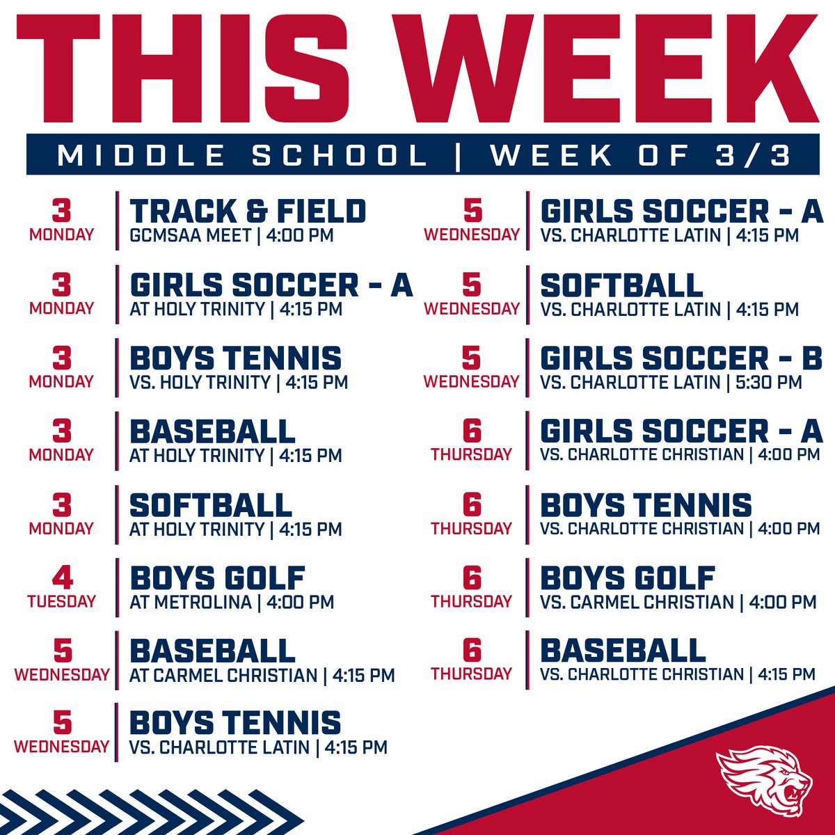 A full slate of competition for your Lions this week!

#GoLions #RoarAsOne