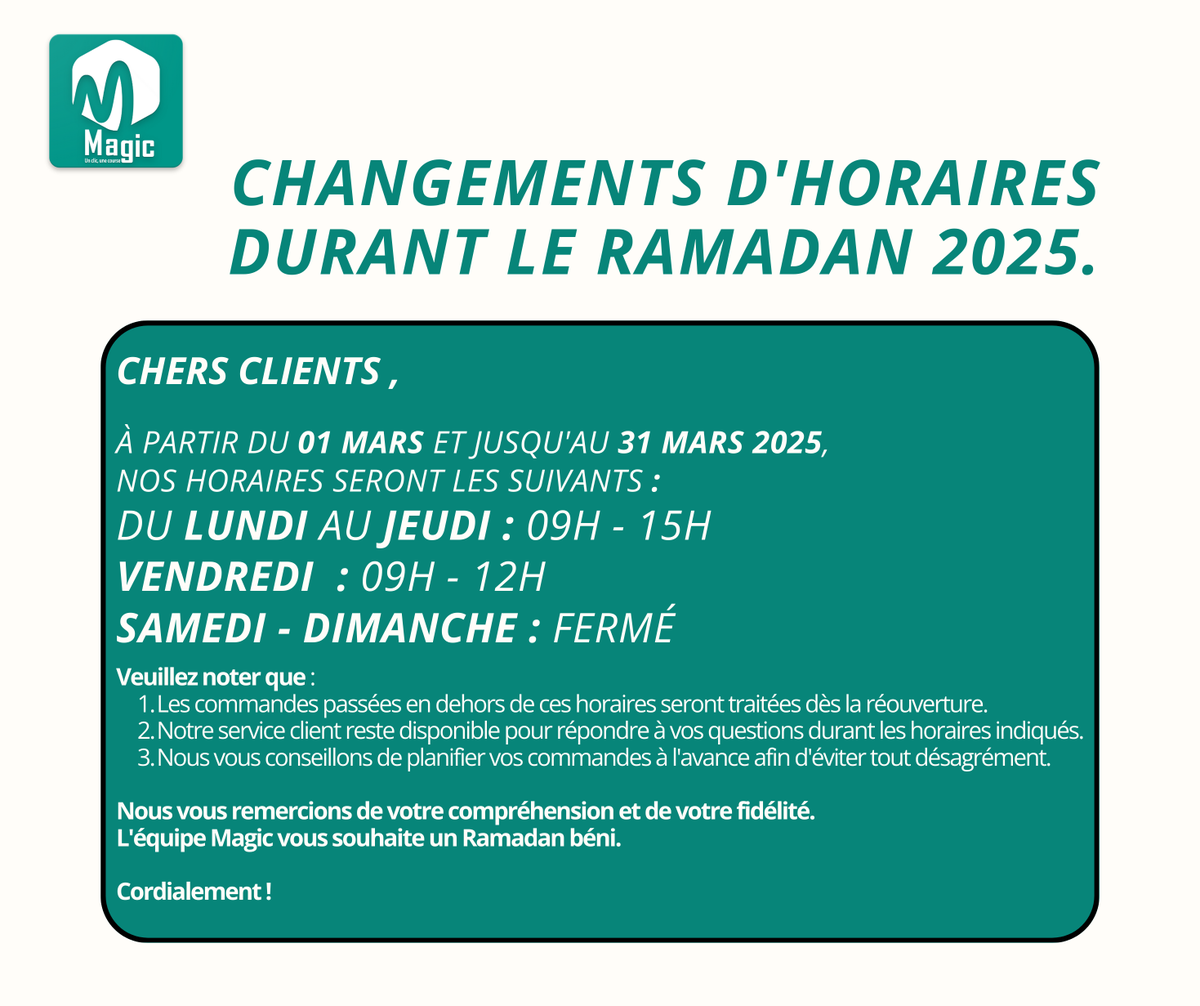 𝐶ℎ𝑒𝑟𝑠 𝑝𝑟𝑜𝑓𝑒𝑠𝑠𝑖𝑜𝑛𝑛𝑒𝑙𝑠, 𝑀𝑎𝑔𝑖𝑐 𝑣𝑜𝑢𝑠 𝑎𝑐𝑐𝑜𝑚𝑝𝑎𝑔𝑛𝑒 𝑝𝑒𝑛𝑑𝑎𝑛𝑡 𝑙𝑒 𝑅𝑎𝑚𝑎𝑑𝑎𝑛.
𝐶𝑜𝑛𝑠𝑢𝑙𝑡𝑒𝑧 𝑛𝑜𝑠 ℎ𝑜𝑟𝑎𝑖𝑟𝑒𝑠 𝑚𝑜𝑑𝑖𝑓𝑖𝑒́𝑠 𝑝𝑜𝑢𝑟 𝑝𝑙𝑎𝑛𝑖𝑓𝑖𝑒𝑟 𝑣𝑜𝑠 𝑐𝑜𝑚𝑚𝑎𝑛𝑑𝑒𝑠 𝑒𝑛 𝑡𝑜𝑢𝑡𝑒 𝑡𝑟𝑎𝑛𝑞𝑢𝑖𝑙𝑙𝑖𝑡𝑒́.