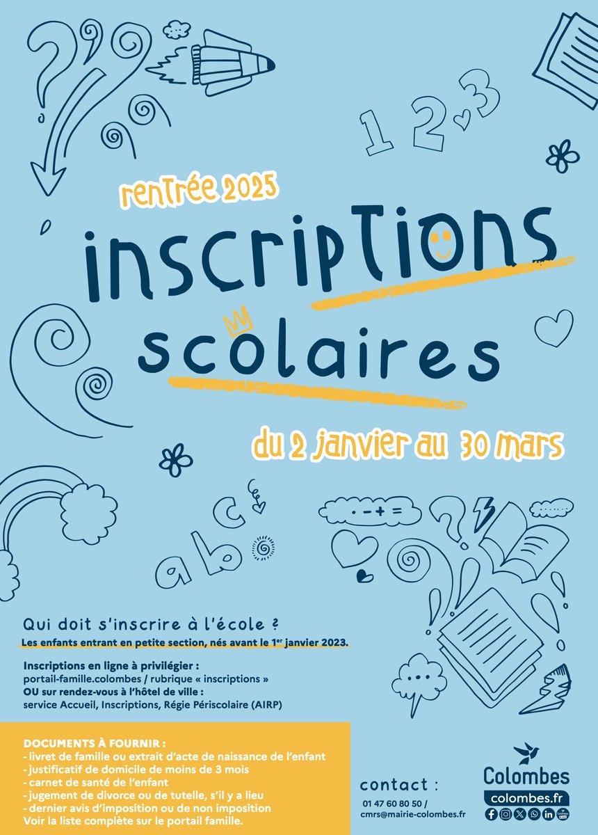 Les inscriptions scolaires pour les enfants entrant en petite section, nés avant le 1er janvier 2023, sont ouvertes jusqu'au 30 mars. 
𝐈𝐍𝐅𝐎𝐒 : urlr.me/cRMwVm