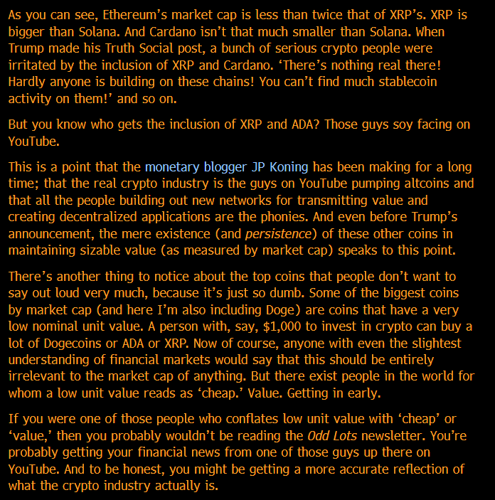 TheStalwart's tweet photo. THE UNCOMFORTABLE TRUTH ABOUT TRUMP, XRP, AND ADA

In today's Odd Lots newsletter, I wrote about Trump's executive order, the guys who soyface on YouTube to pump cheap coins, and why the people "building" on crypto Twitter may be the biggest phonys in the industry. https://t.co/Oj1smOf6lo