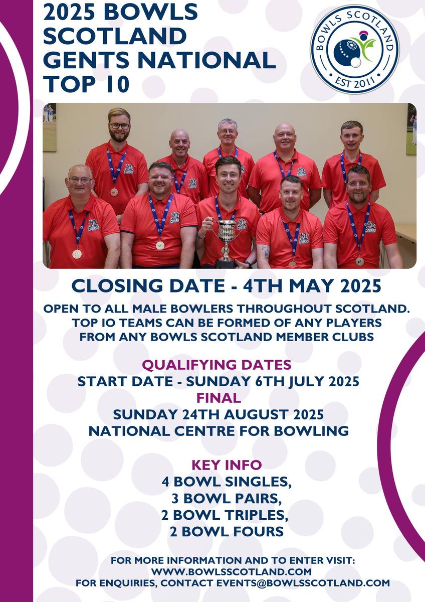 🥇 Competition entries are open for both this year’s Ladies and Gents National Top 10’s.
 
ℹ️ More details on the Ladies National Top 10: bowlsscotland.com/competitions/n…
 
ℹ️ More details on the Gents National Top 10: bowlsscotland.com/competitions/n…