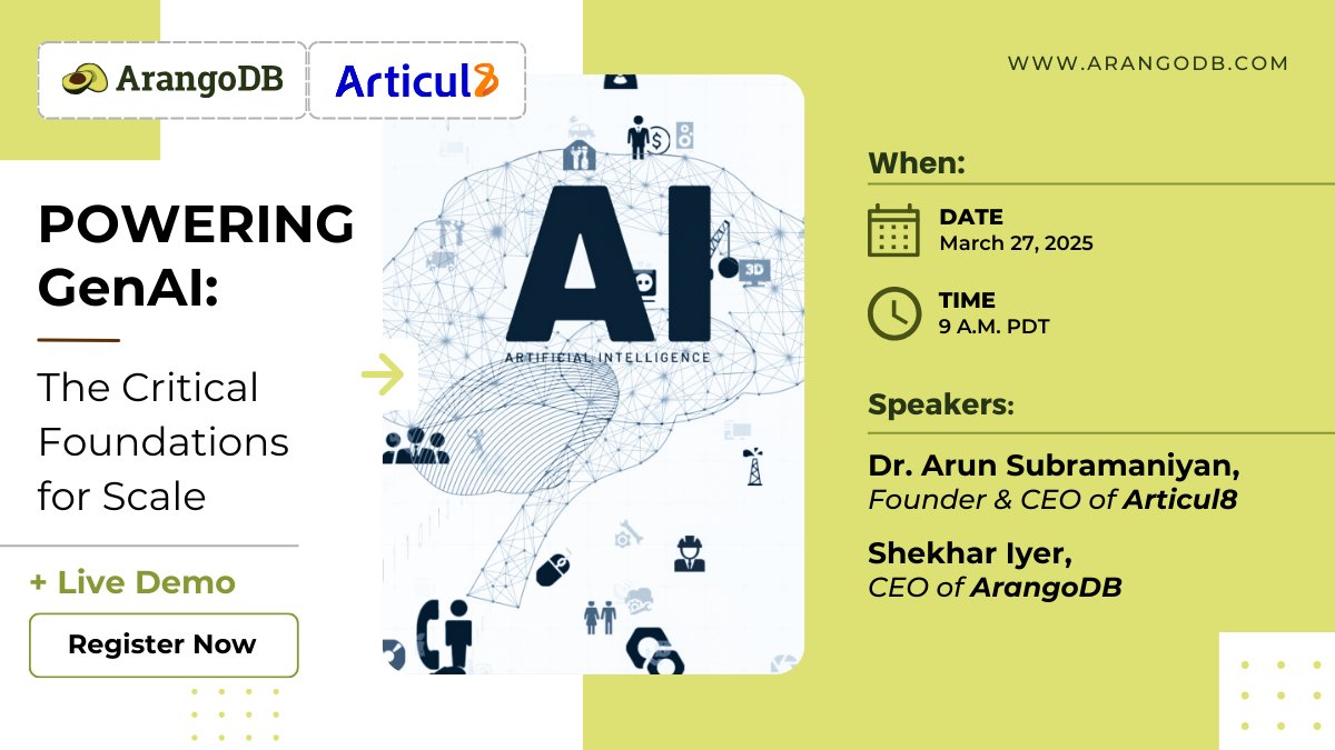 WhiteboardSell's tweet image. AI infrastructure that scales! 

Join us on March 27 at 9 a.m. PDT to see how @Articul8_AI, powered by @arangodb’s high-performance graph tech, is solving real-world AI challenges. 

Register NOW - okt.to/pb8kTZ

#AI #ScalableAI #ArangoDB #articul8