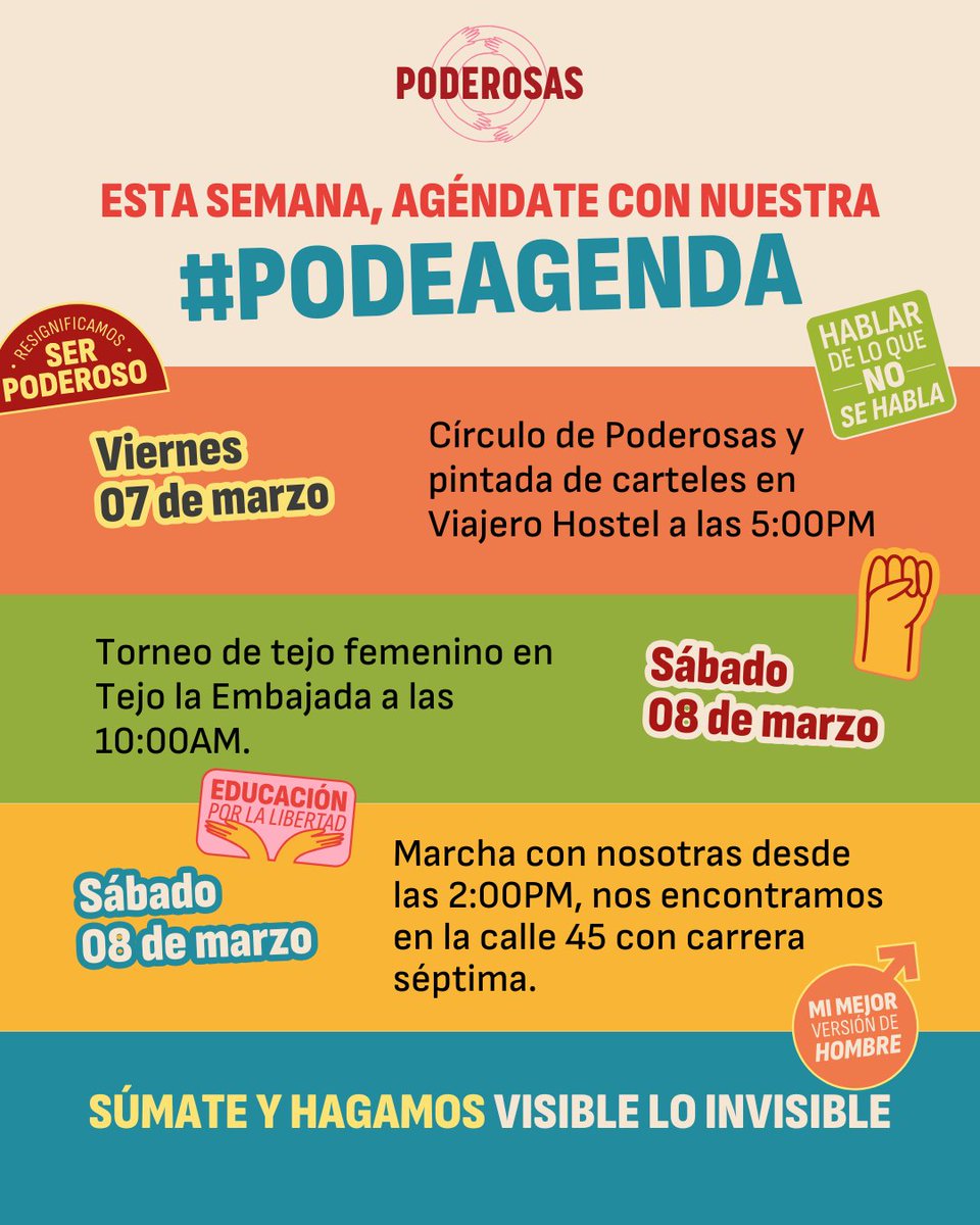 PoderosasColom2's tweet image. ¡Estamos listas para la semana más Poderosa del año!✊🏽❤️

Agéndate con nosotras y 5 Poderosas que viajarán a Bogotá desde sus comunidades para hablar de lo que no se habla en estos poderosos espacios.

#PoderosasColombia #8M #8M2025 #8MBogotá