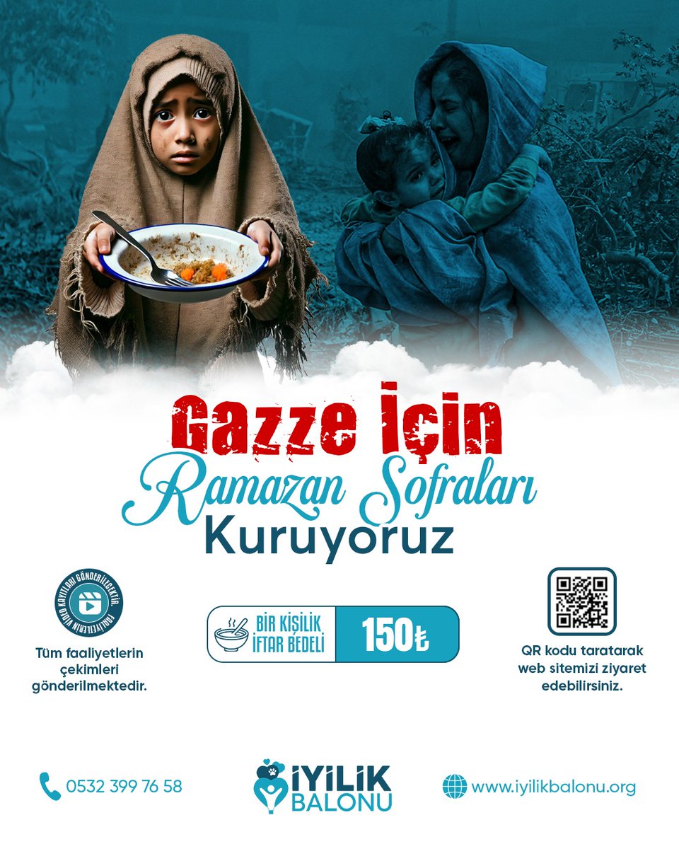 Gazze’de, yemeğe erişimin kısıtlı olduğu bu zorlu bölgede, iftar dağıtımı yaparak bir nebze umut olmak istiyoruz. 
Bir kişinin iftar yemeği 150 TL 
Alt sınır üst sınır yoktur. Gücünüz yettiğince bu iyilik kervanına katılabilir, bir sofraya ışık olabilirsiniz. 

☎️ 0532 399 76 58