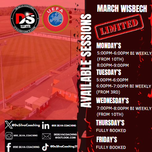 DeSilvaCoaching's tweet photo. Calling on WISBECH!

De Silva Coaching only has LIMITED spaces available!

Our sessions will be held at Fountain Fresh Park!

To book your session today , please send a DM, or get in contact via;

Email - desilvacoaching@outlook.com

WhatsApp - 07467 608633

#desilvacoaching https://t.co/lqX835jw7p