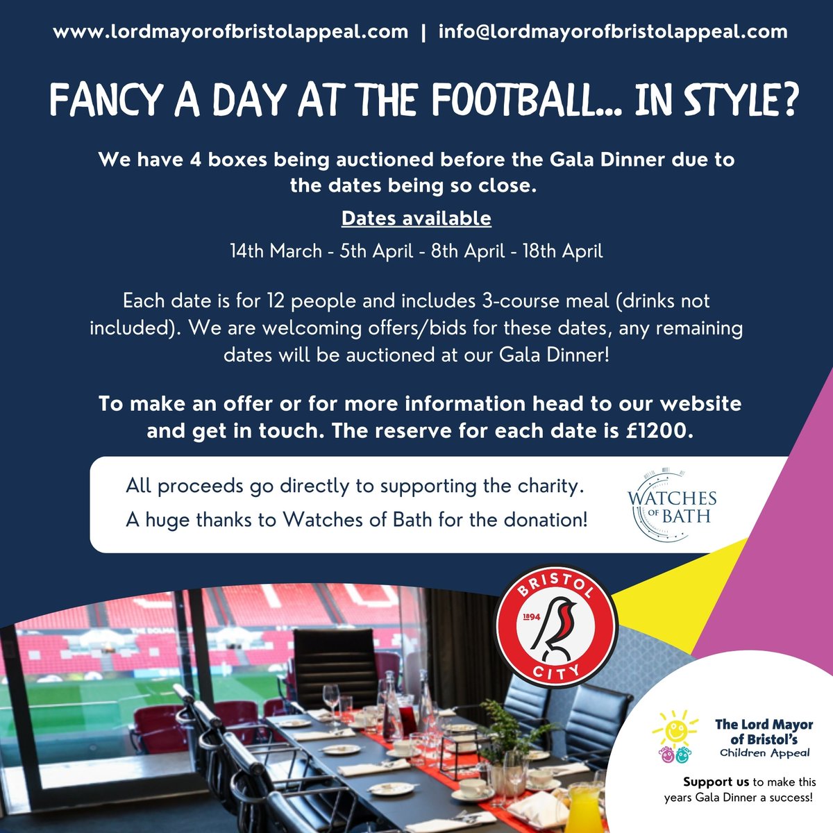 ⚽ FANCY A DAY AT THE FOOTBALL… IN STYLE? 🏟️✨

We have FOUR exclusive hospitality boxes up for grabs at Ashton Gate, perfect for enjoying a match in VIP style! These boxes are being auctioned before our Gala Dinner due to the dates being so close.

📅 Dates: TO FOLLOW