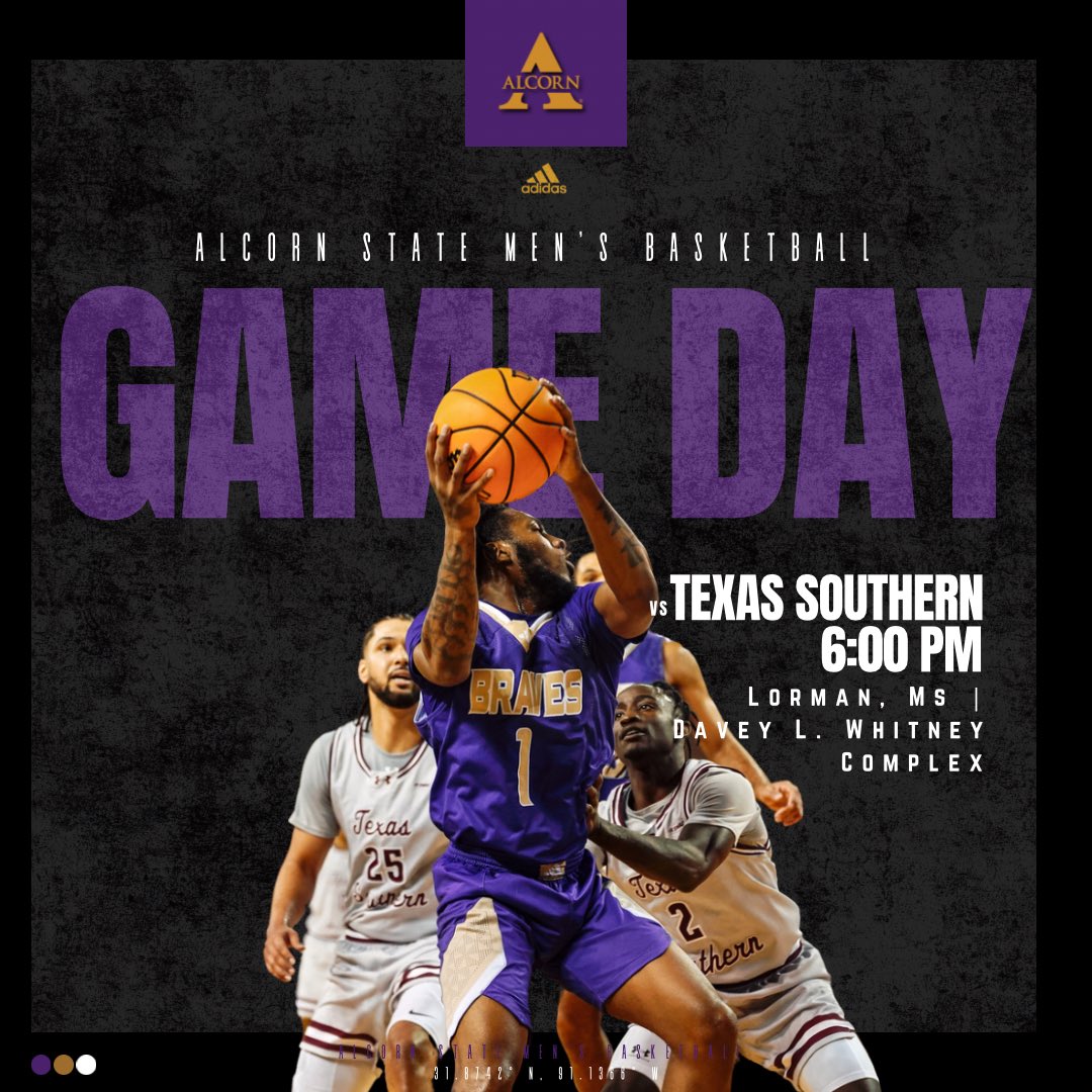 Alcorn State Men’s Basketball (@bravesmbb) on Twitter photo 🚨 GAMEDAY🚨
🆚 <a href="/TSUMensHoops/">Texas Southern Basketball</a>
⏰ : 6:00 PM CT
📍: Lorman, MS
#𝐅𝐄𝐀𝐑𝐓𝐇𝐄𝐁𝐑𝐀𝐕𝐄 #𝐀𝐋𝐖𝐀𝐘𝐒𝐀𝐋𝐂𝐎𝐑𝐍 🚨 GAMEDAY🚨
🆚 <a href="/TSUMensHoops/">Texas Southern Basketball</a>
⏰ : 6:00 PM CT
📍: Lorman, MS
#𝐅𝐄𝐀𝐑𝐓𝐇𝐄𝐁𝐑𝐀𝐕𝐄 #𝐀𝐋𝐖𝐀𝐘𝐒𝐀𝐋𝐂𝐎𝐑𝐍