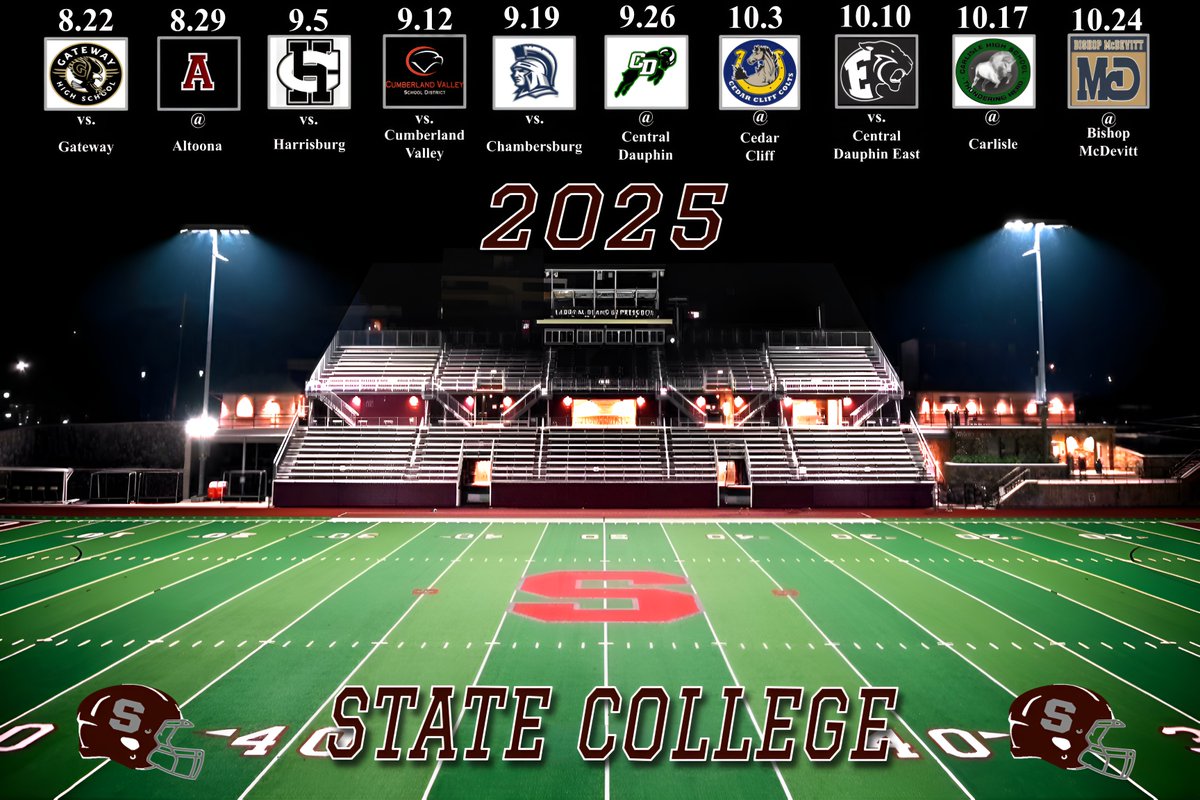 Coach Matt Lintal (@scoachlintal) on Twitter photo 2025 <a href="/statehighfball/">State College Football</a> ๐๐๐๐๐๐ช๐ก๐
8.22 vs. Gateway
8.29 @ Altoona
9.5 vs. Harrisburg
9.12 vs. Cumberland Valley
9.19 vs. Chambersburg
9.26 @ Central Dauphin
10.3 @ Cedar Cliff
10.10 vs. Central Dauphin East
10.17 @ Carlisle
10.24 @ Bishop McDevitt
#๐ฎ๐ถ๐บ๐ป๐จ๐ป๐ฌ 2025 <a href="/statehighfball/">State College Football</a> ๐๐๐๐๐๐ช๐ก๐
8.22 vs. Gateway
8.29 @ Altoona
9.5 vs. Harrisburg
9.12 vs. Cumberland Valley
9.19 vs. Chambersburg
9.26 @ Central Dauphin
10.3 @ Cedar Cliff
10.10 vs. Central Dauphin East
10.17 @ Carlisle
10.24 @ Bishop McDevitt
#๐ฎ๐ถ๐บ๐ป๐จ๐ป๐ฌ