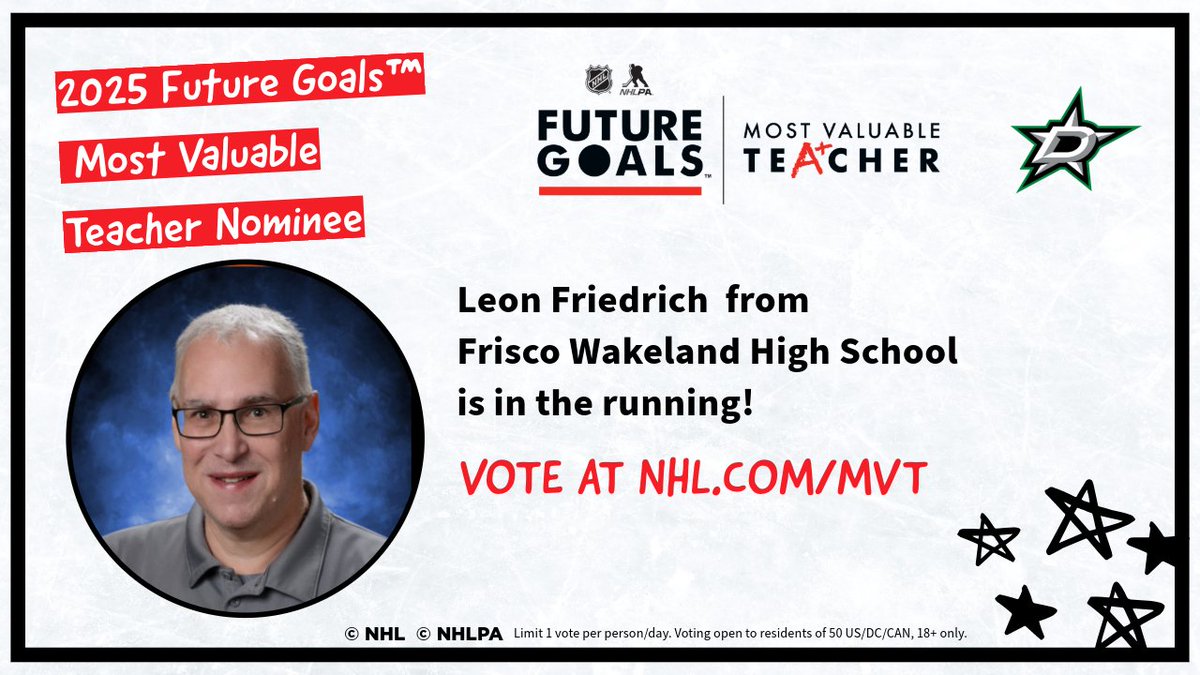 WHSSportsMgmt's tweet image. I Work With A Great Group Of People At @WakelandHS High School In @friscoisd And Was Recently Selected As The @DallasStars 2025 Future Goals Most Valuable Teacher Nominee By @EVERFI. If You Are So Inclined, Head To nhl.com/mvt And Cast A Vote 🗳️!
