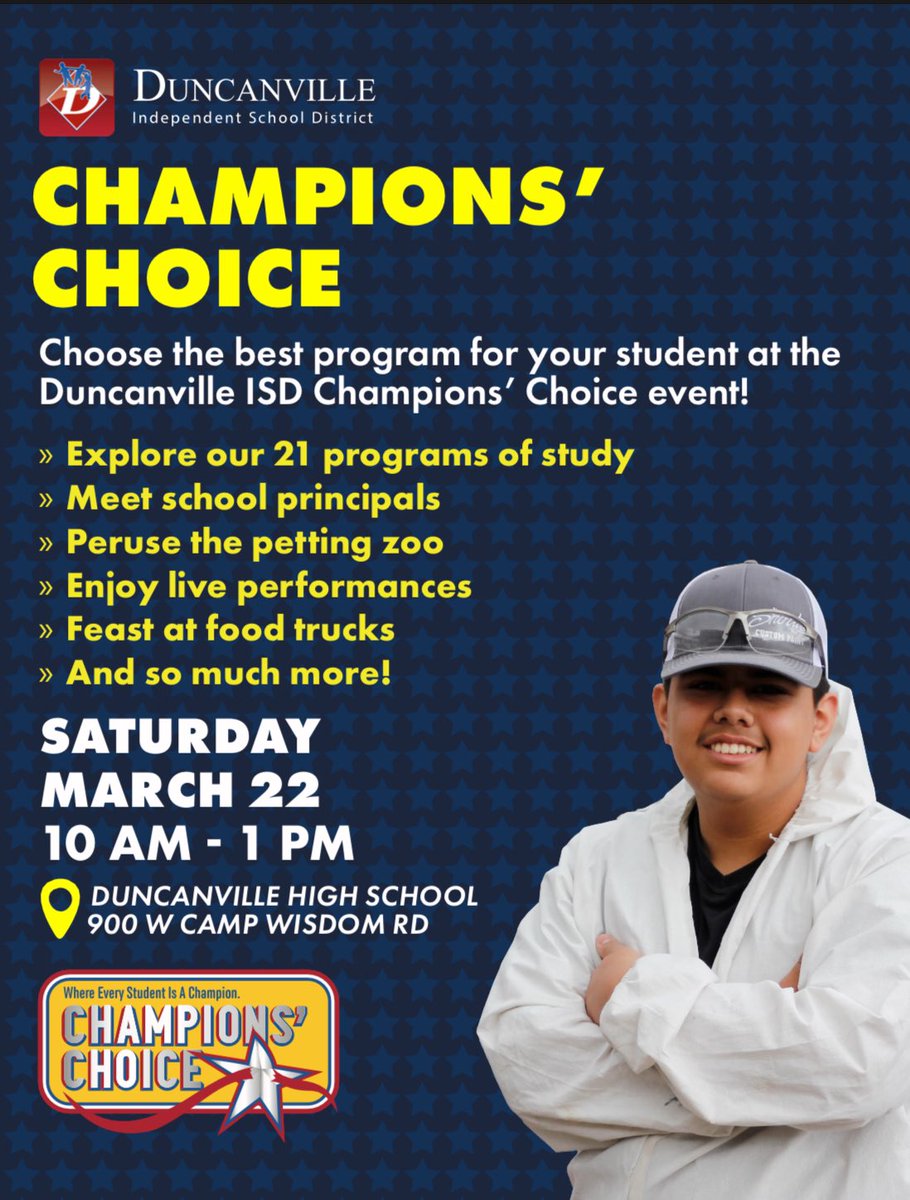 The Champions’ Choice event is on March 22nd. Come and  learn more about everything Duncanville ISD has to offer to your family. We hope to see you there!